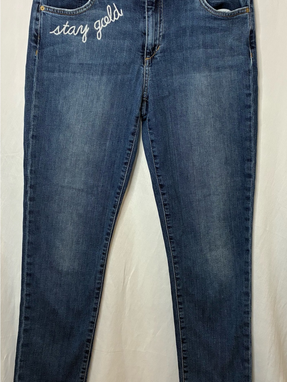 Joe's Jeans Blue Skinny Jeans with White 'stay gold' Embroidery